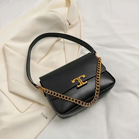 New Designer Inspired Vegan Faux Leather Shoulder Bag Golden Chain Strap NWT - Picture 4 of 15